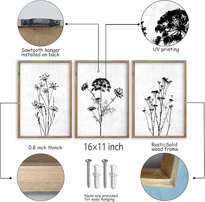 Flower Plant Wall Art Decor 16"x11" Set of 3 Black And White Botanical Painting Wood Framed For Minimalist Bedroom Office Rustic Living Room Abstract Wildflower Sign Hanging (Wood White)