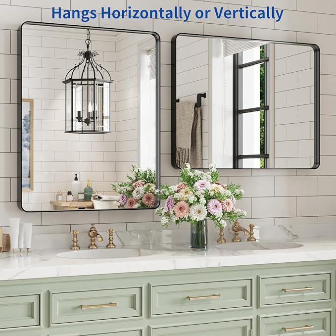 WEER Black Bathroom Vanity Mirror 20X28 Inch, Rounded Rectangle Black Metal Framed Mirror for Over Sink Wall, Farmhouse Matte Black Mirror, Tempered Glass, Anti-Rust, Hangs Horizontal or Vertical