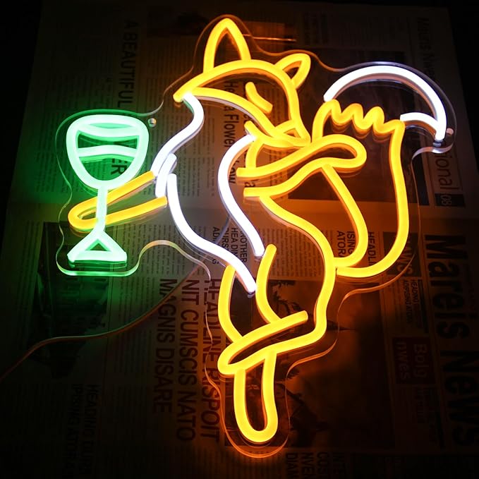Fox Beer Neon Signs for Wall Decor Cool Animal Neon Sign Orange White Fox Neon Light Dimmable Drink Wine LED Sign Bar Neon Light Up Sign for Bedroom Kitchen Man Cave Bar Decor Birthday Gift