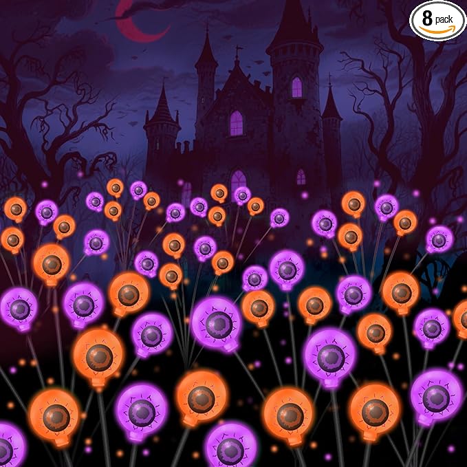 VOTTGO Halloween Solar Lights Outdoor, 8 Pack 48LED Scary Solar Eyeball Pathway Lights, 2 Modes Waterproof Swaying Solar Firefly Lights for Garden Yard Pathway Halloween Decorations, Purple + Orange
