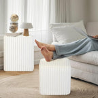 Modern Square Ottoman 2Pcs, Vertical Channel Tufted Foot Stool Ottoman, Velvet Upholstered Vanity Stool for Makeup, Bedroom, Living Room, White