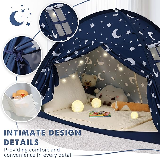 Twin Bed Tent for Kids, Twin Size Bed Canopy with Star Lights, Privacy Space Blackout Sleeping Tents, Indoor Breathable Portable Floor Bed Tent for Boys and Girls, Dark Moon & Stars