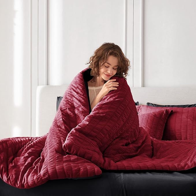 MUXHOMO 7 Pieces Queen Comforter Set, Seersucker Bed in a Bag Queen Size, All Season Luxury Bedding Set with Comforter, Flat Sheet, Fitted Sheet, Pillowcases & Shams, Red & Black