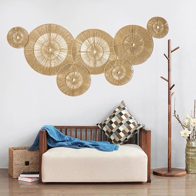 Mokof 7 Pack Boho Wall Decor Round Baskets Set (Small 7" to Largest 17") - Handwoven Large Wall Hanging Art for Bedroom, Living Room, Home Office