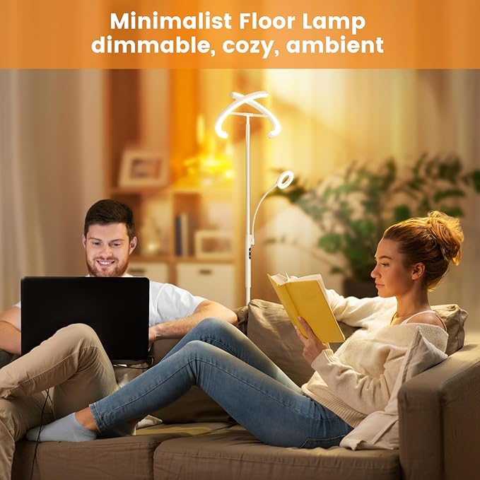 White LED Floor Lamp - Dimmable 2 Lights Standing Lamp with Remote&Touch Control, 4 Color& 10 Brighness Adjustable Floor Reading Light, Modern Tall Lamp for Living Room Bedroom Office Corner