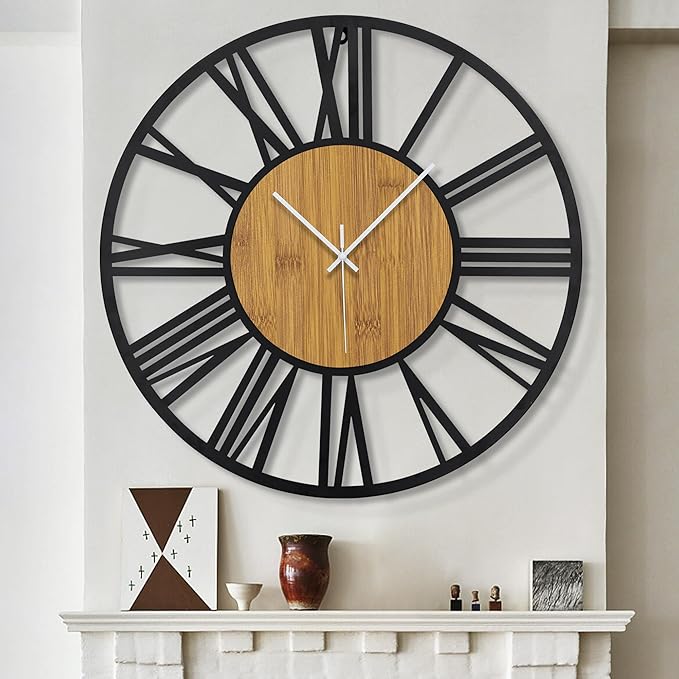 1st owned Wall Clocks for Living Room Decor,32" Vintage,Round Silent Little Ticking,Black Metal,Modern Wood Clocks for Home Bedroom,Kitchen,Garden,Office,Cafe,Modern Wall Decoration -Roman Numerals