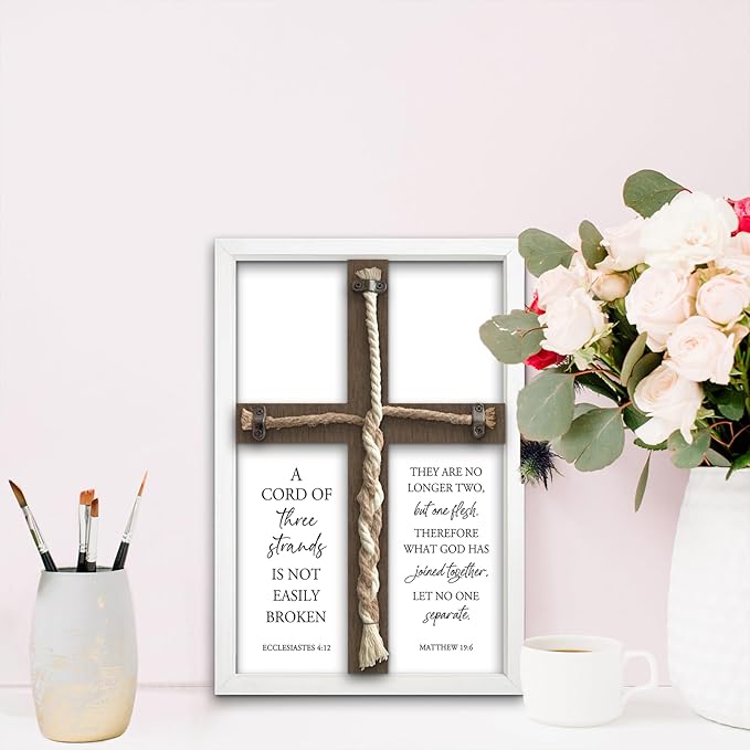 flowtorely A Cord of Three Strands Wedding Ceremony Unity Wall Decor 15"X10" Matthew 19 6 Christian Marriage Prayer Cross Sign Framed Wall Hanging Art (White)