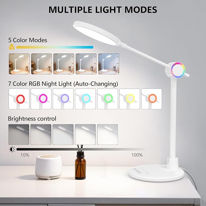 Desk Lamp for Home Office, Eyecare LED Desk Light with RGB Night Light, Dimmable Table Lamp with 5 Color Modes, 180° Foldable Touch Control Reading Light for Home, Study Room, Bedroom