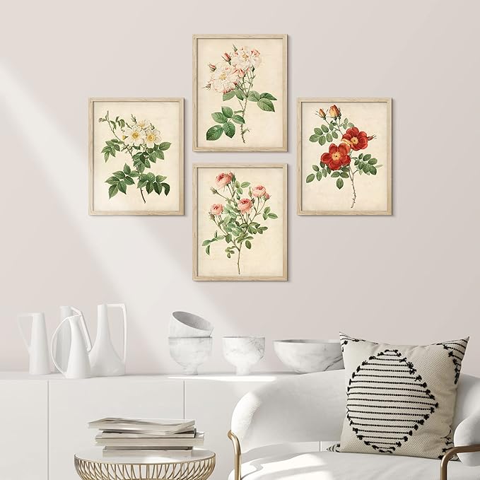 SIGNWIN Framed Vintage Colorful Wildflower Wall Art, Set of 4 Variety Floral Wall Decor Prints, Nature Wilderness Wall Décor for Living Room, Bedroom - 8"x10" Natural