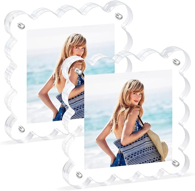 Acrylic Magnetic Picture Frames 4x4-2Pack Clear Freestanding Photo Frame.Double-Sided Scalloped Edges, 10+10mm Thick Block, for Modern Desktop Display &Perfect for Gifts (2 Pack, 4X4)
