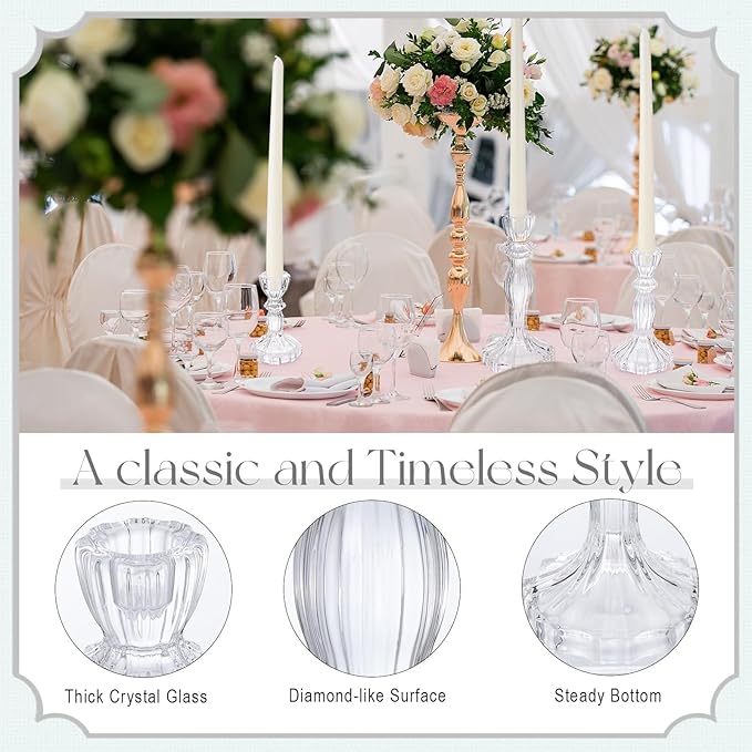 Mumufy 6 Pack Glass Taper Candle Holders Clear Candlestick Holder Fit 0.8 Inch Candles 4'' 6'' 8'' Tall Crystal Decorative Candlestick Stand Centerpiece for Table Wedding Dining Party (Classic)
