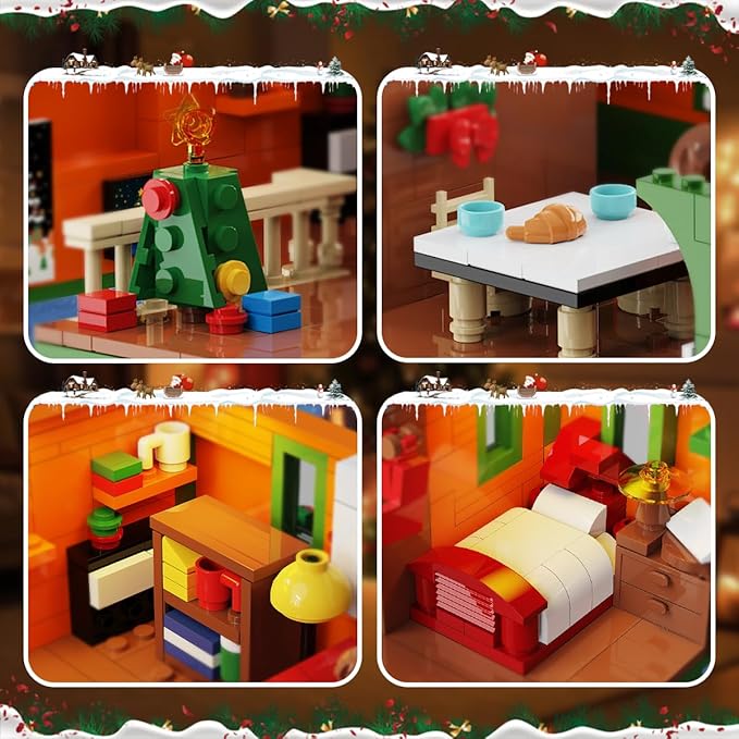 Christmas House Mini Building Set with Light, PLAXSOON 1961 PCS Holiday Snow Village Architecture Model Building Block with Santa Claus Sleigh, Xmas Display Toy Set for Adults Kids Boys Girls Ages 14+
