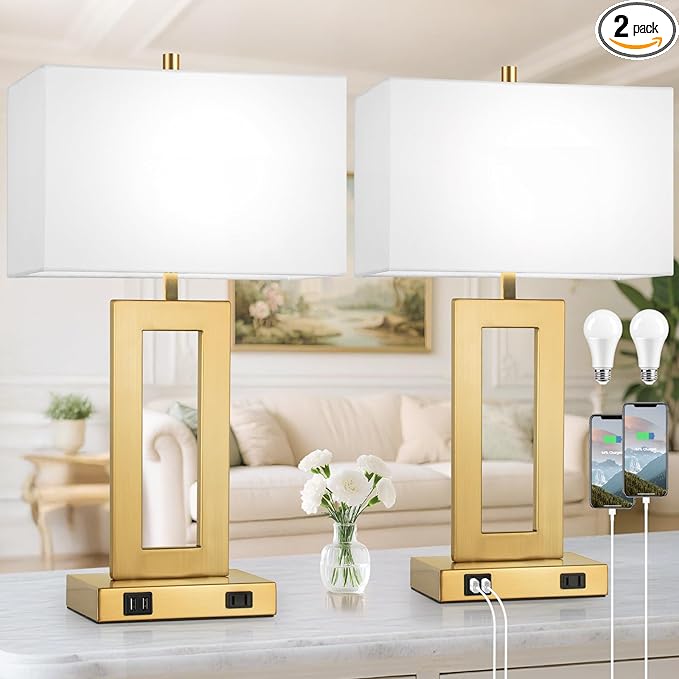 Modern Vintage Gold Table Lamp Set of 2, 28inch Tall Lamps for Living Room Bedroom with 2 USB Ports&AC Outlet, 3 Way Dimmable Touch Control Desk Lamps for Reading Home Office, E26 Socket, with Bulb