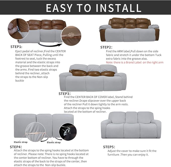 Easy-Going 8 Pieces Recliner Sofa Stretch Sofa Slipcover Sofa Cover Furniture Protector Couch Soft with Elastic Bottom Kids, Spandex Jacquard Fabric Small Checks Silver Gray