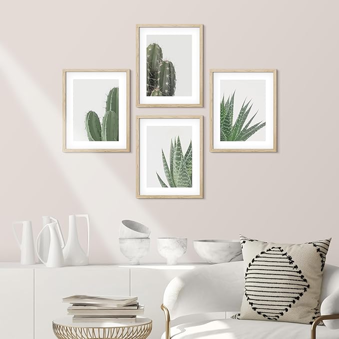 SIGNWIN Framed Green Cactus Snake Plant Wall Art, Set of 4 Collage Desert Landscape Wall Decor Prints, Nature Wilderness Wall Décor for Living Room, Bedroom - 12"x16" Natural