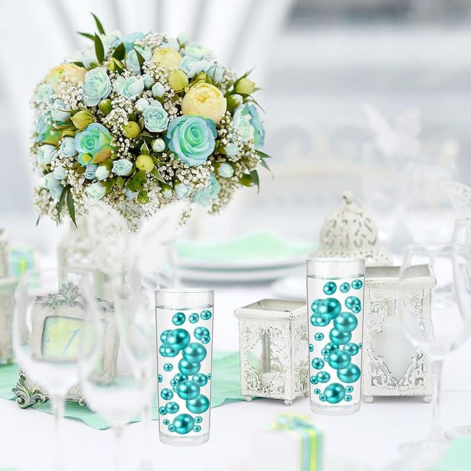 100PCS Lake Blue Faux Pearls Beads for Centerpiece Vases, Vase Filler Faux Pearls, No Holes Filler Beads for Party Anniversary Birthday Wedding Table Decor, 14/20/30mm