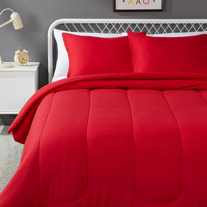Amazon Basics 3 Piece Microfiber Kid's Comforter and Pillow Sham Set, Full/Queen, Red, Solid
