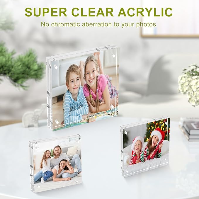 3 x 3 Acrylic Picture Frames 8 Pack, Clear Frameless Magnetic Double Sided Photo Frame, Self Standing Desktop Display Stand for Bedroom Living Room Home