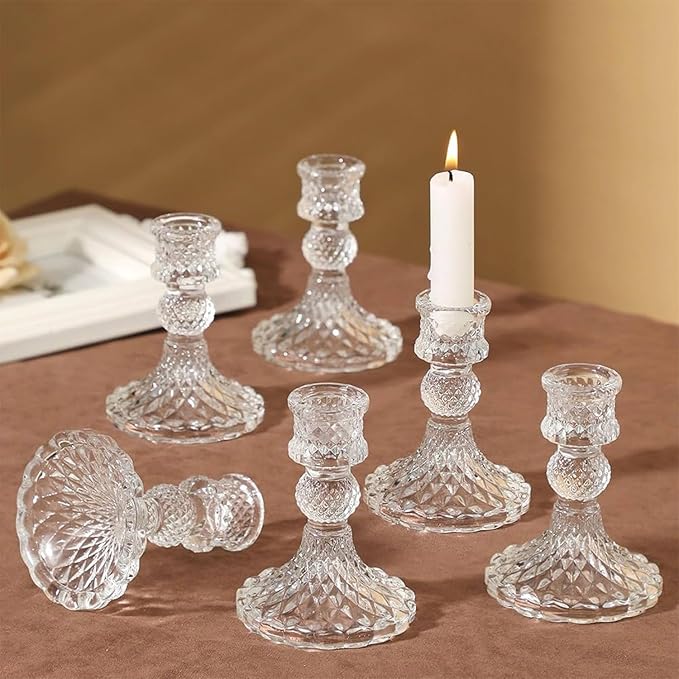 6 Pack Glass Taper Candlestick Holders, Clear Candlestick Holders, 4" H Crystal Candle Holders Decorative Candle Stand Centerpiece for Wedding, Festival, Dinning Party Table Decor