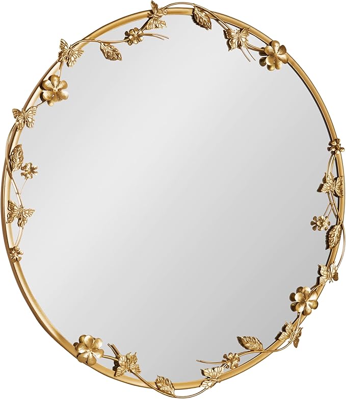 Kate and Laurel Rosella Modern Ornate Round Wall Mirror, 26 Inch Diameter, Gold, Circle Mirror with Floral Detailing for Use as Bathroom Mirror for Over Sink or Cute Nursery Mirror Decor
