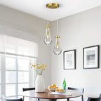Raindrop Pendant Lights Kitchen Island Teardrop Gold Hanging Light Fixtures Clear Solid Glass Pendant Light Modern Chandeliers for Dining Room Porch Corridor Living Room(2-Light)