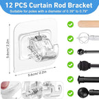 12PCS Self Adhesive Curtain Rod Holder, No Drill Curtain Rod Brackets, Nail Free Adjustable Curtain Rod Hooks, Curtain Rods No Drilling for Windows Home Kitchen Bedroom Hotel (Transparent)