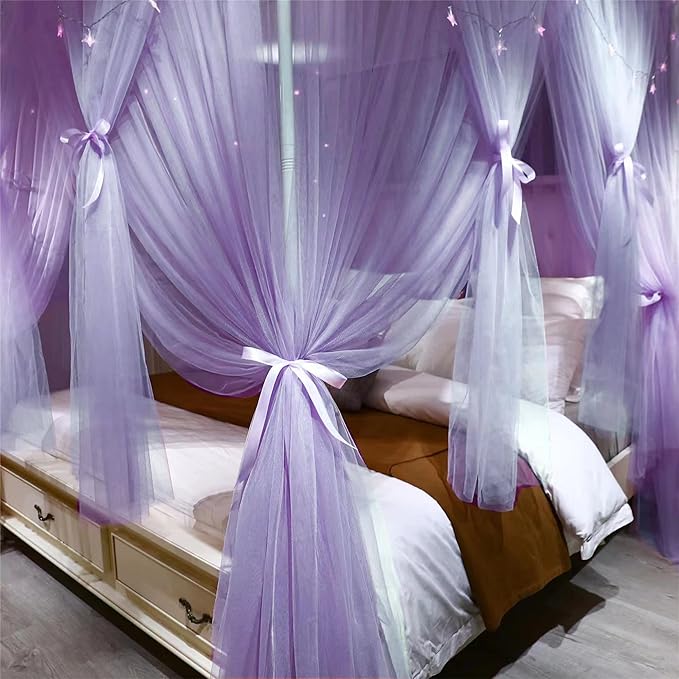 VETHIN 4 Corners Post Princess Bed Canopy Curtain Double Layer Cozy Drape Netting 4 Opening Mosquito Net for Girls & Adults Bedroom Decoration Accessories (Double Purple, 47" W*78" L*82"*H/Twin)