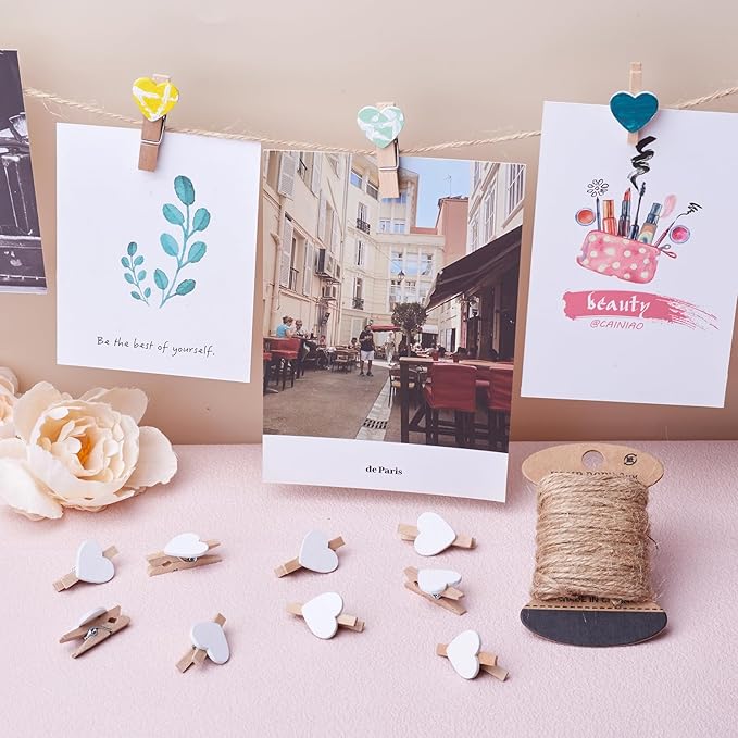 Pandahall 100pcs White Heart Clothespins Wooden Photo Paper Peg Pin Craft Clips with 10.9 Yards Natural Jute Twine for Paper Photo Display Hanging Home Party Wedding Decoration