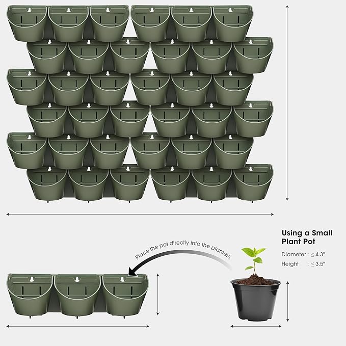 Worth Garden Upgraded 12 Sets (36-Pocket) Self Watering Stackable Vertical Planters - Wall Mounted Plastic Plant Grow Pots fr Strawberries Flowers Herbs - Indoor Outdoor Green Wall Decoration (Green)