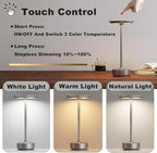 2 Pack Cordless Table Lamp, LED Rechargeable Table Light with 3 Temp Settings, Stepless Dimming, 5000mAh Battery, USB-C, Memory, Aluminum Alloy, for Home, Patio, Restaurant, Outdoor. Silver