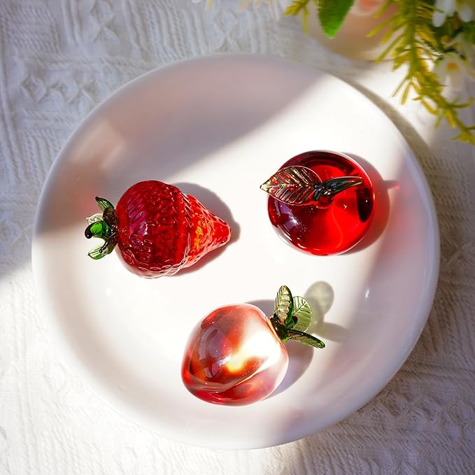Set of 3 Crystal Fruits Decoration for Home Kitchen Glass Red Strawberry Apple Peach Fruit Figurines Glass Fruits Decor for Wedding Birthday Tabletop Centerpiece