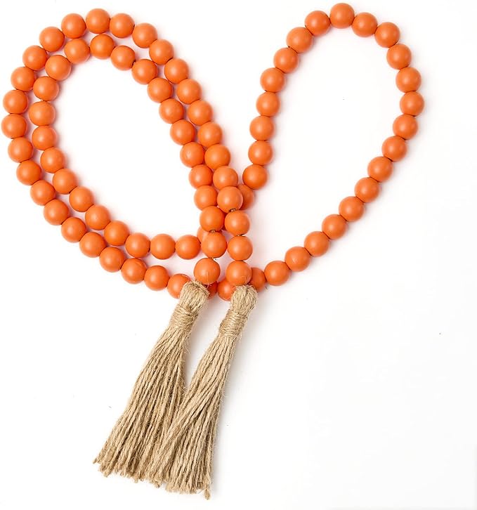 OMISHE 59in Wood Bead Garland with Tassels, Decorative Beads, Farmhouse Wooden Beads Garland for Wall Hanging Home Festival Decor, Orange