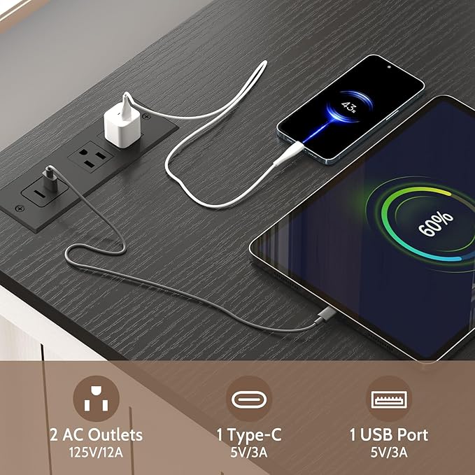 Farmhouse End Table with Charging Station, 24" Large Side Table with Open Shelf and Storage Cabinet, Wood Square Bedside Table Nightstand for Living Room, Bedroom (White)