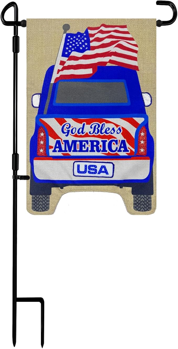 TOPFLAGS Garden Flag Stand with American Garden Flags God Bless America and Car Yard Flag 12x18 Inch Holder Pole Stake Double Side for Outside with Clips and Stopper for Memorial Day 4 th of July