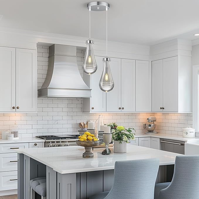 Raindrop Pendant Lights Kitchen Island Teardrop Chrome Hanging Light Fixtures Clear Solid Glass Pendant Light Modern Chandeliers for Dining Room Porch Corridor Living Room(2-Light)