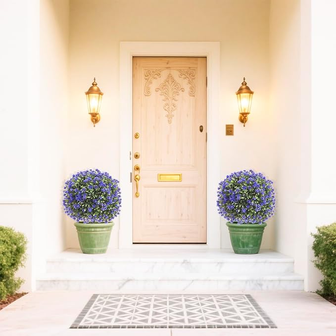 Set of 2 Artificial Boxwood Topiary Ball Trees with Purple Flowers for Outdoor with Ground Spike 29.5", UV Resistant Faux Greenery Shrubs, Fake Plants for Garden, Porch, Patio Valentine's Day Decor