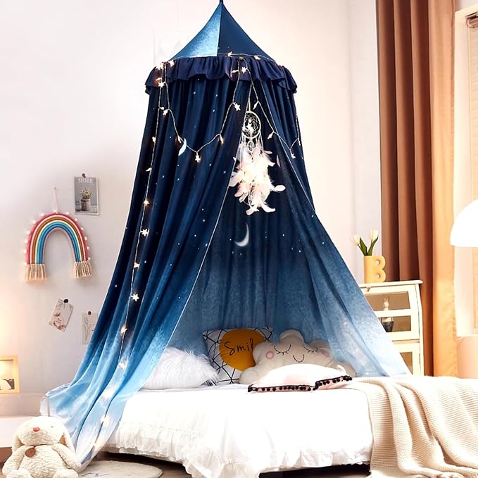 Kertnic Decor Canopy for Kids Bed, Soft Smooth Playing Tent Canopy Girls Room Decoration Princess Castle, Dreamy Mosquito Net Bedding, Children Reading Nook Canopies in Home (Night Sky-Ruffle)