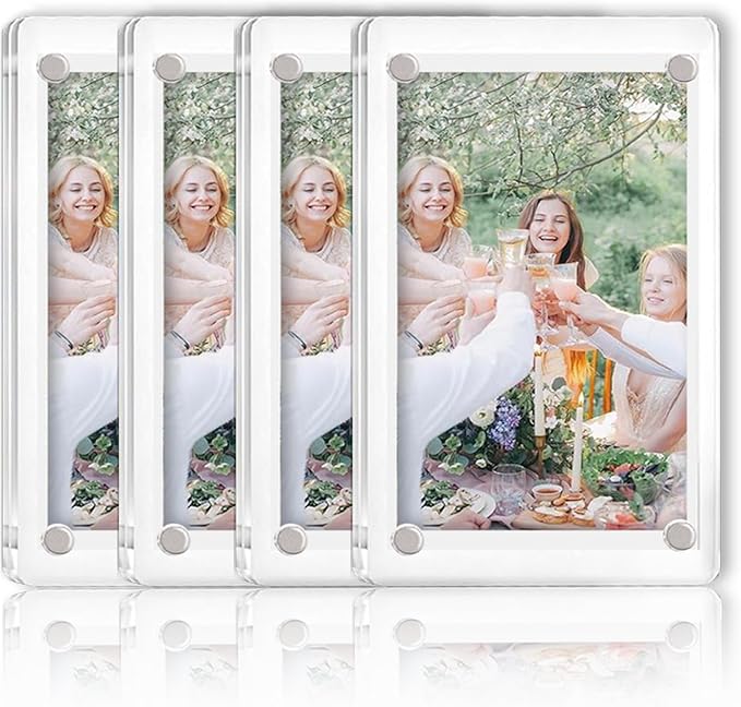 FQEIUO 4 Pack Magnetic Picture Frames for Refrigerator, 4X6 Inch Acrylic Photo Frames, Double Sided Clear Magnet Frame, Suitable for Refrigerator Display, Storage Cabinets, and Message Boards