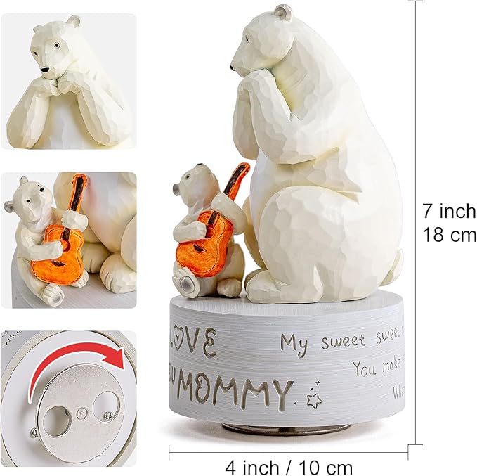 AIDLNS Birthday Gift for Mom from Daughter Son, Polar Bear Music Box for Mother, Mom and Daughter Son Figurine, Christmas Anniversary Presents for Mommy Play You are My Sunshine