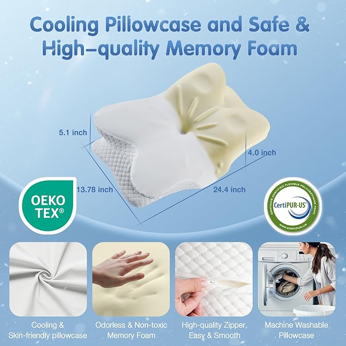 Cervical Neck Pillow for Pain Relief Sleeping, Cooling Contour Memory Foam Support Pillows for Neck and Shoulder Pain, Ergonomic Orthopedic Pillow for Side Back & Stomach Sleepers, White-22