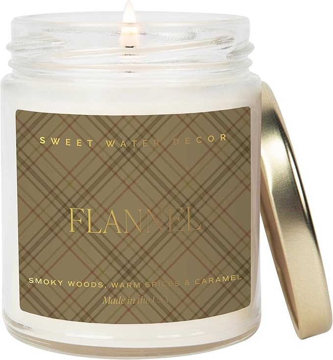Sweet Water Decor Flannel Soy Candle - Vanilla, Caramel, Amber, Tonka, Smoky Woods, Musk Scented - 9oz Clear Jar with Gold Foil - Autumn Candle for Home - 40+ Hour Burn Time