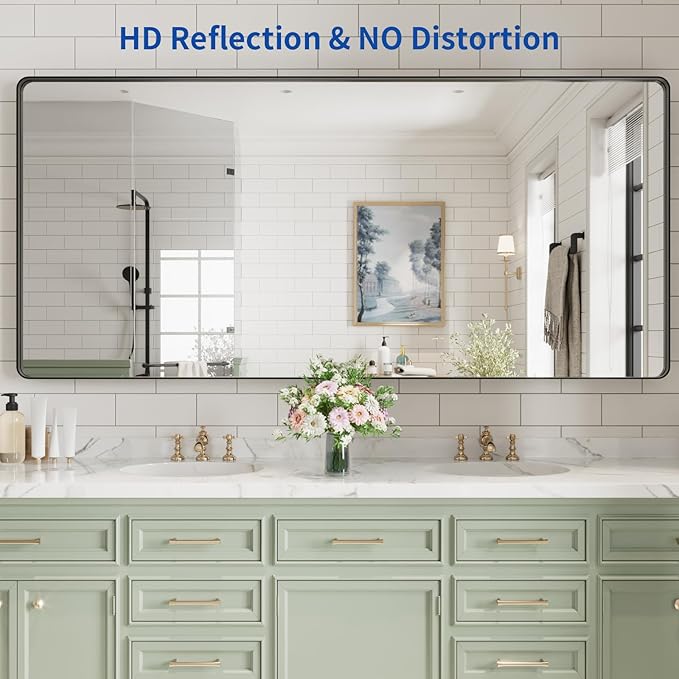 WEER Black Bathroom Mirror for Wall, 77X36 Inch Matte Black Mirror, Rectangular Black Metal Framed Vanity Mirror with Tempered Glass, Rounded Corner, Anti-Rust (Horizontal/Vertical)