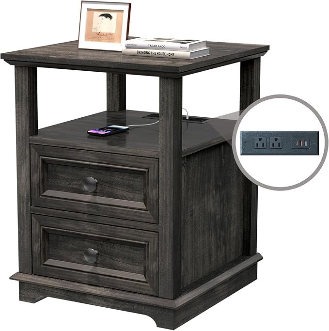 End Table with Fast USB C Charging Station,18" Wide Sofa Side Table with 2 Drawers, Large Storage Rustic Wood Square Storage Cabinet for Living Room, Bedroom, Office, Black