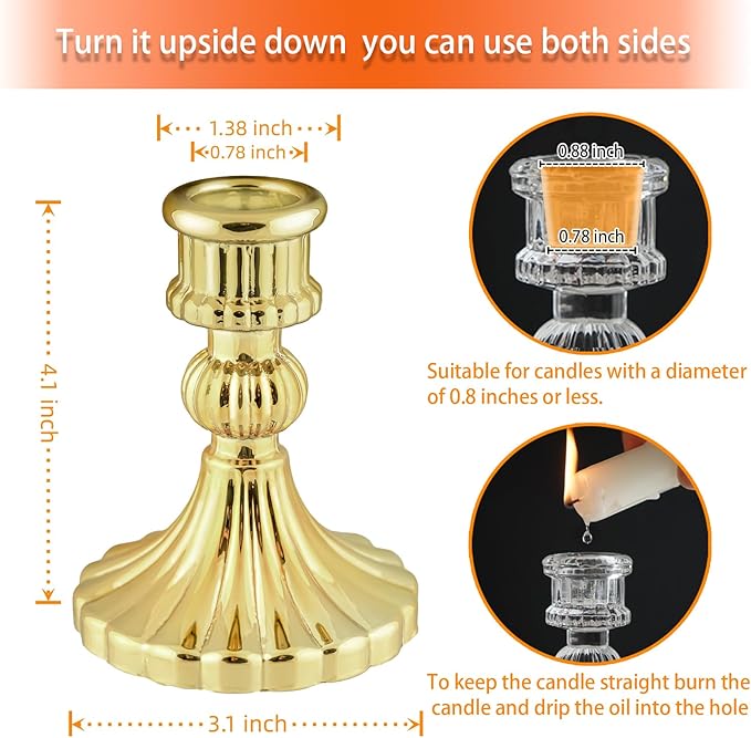 Glass Candlestick Holder,Striped Taper Candle Holders,Set of 6 Candle Stand for Table Centerpieces, Home Decor,Weddings,Festival and Parties (Gold Stripe)