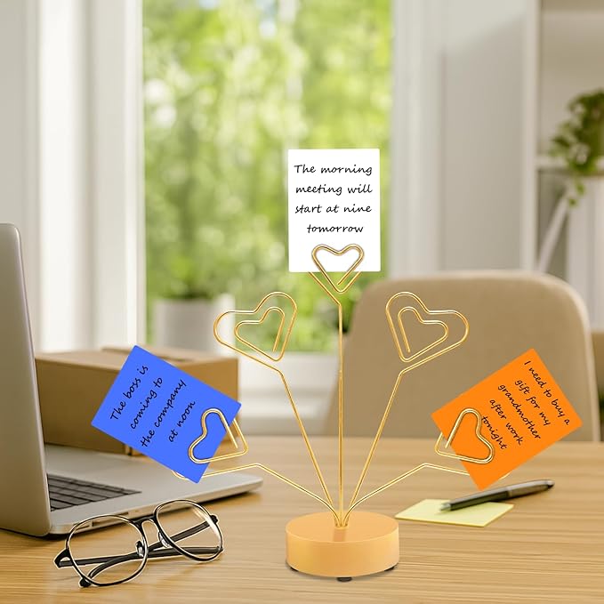 Desktop Heart-Shaped Photo Tree Style Holders Round Base,5-Branch Family Picture Frame Clips Holder Desk Card Display Stand for Christmas,Wedding, Birthday Party,Gift (Golden)