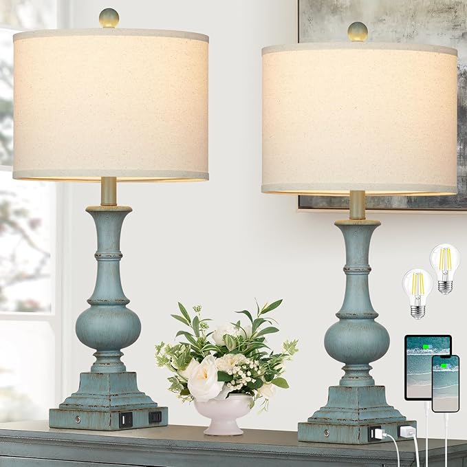 Farmhouse Table Lamps Set of 2, 26" Vintage Rustic Touch Control 3-Way Dimmable Bedside Lamp with USB A+C Ports & AC Outlet, Blue Nightstand Lamp for Living Room Bedroom End Table(LED Bulbs Included)
