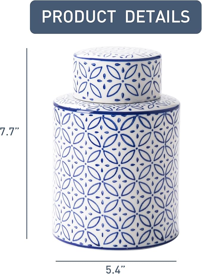 Ceramic Decorative Jars with Lid, Blue and White Ginger Jar for Home Decor, Cylindrical Vase Decor, 7.7x5.4 Inch, Blue Line