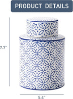 Ceramic Decorative Jars with Lid, Blue and White Ginger Jar for Home Decor, Cylindrical Vase Decor, 7.7x5.4 Inch, Blue Line