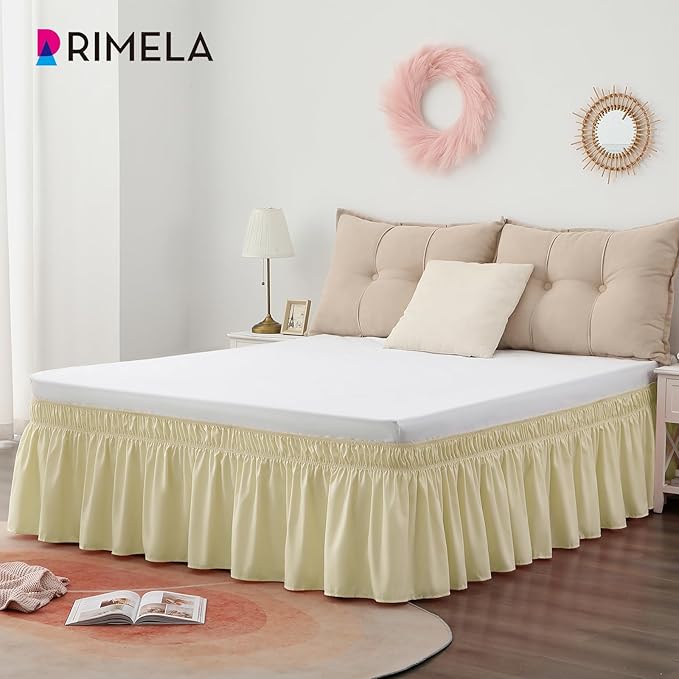 RIMELA Bed Skirt King Size 12 Inch Drop, Wrap Around Elastic Bedskirt Solid Microfiber Luxury Hotel Quality Fabric, Easy to Install Machine Washable Wrinkle & Fade Resistant, Beige Yellow