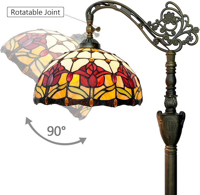 Tiffany Floor Lamp Vintage Standing Lamp Red Tulip Style Stained Glass Floor Light Rustic Corner Gooseneck Floor Lamp with Adjustable Angle for Home Decor Living Room Bedroom 12X12X63 Inches